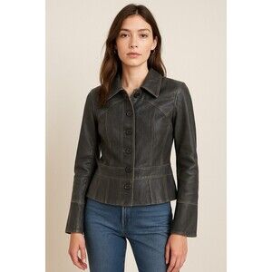 Vintage 90s  Newport News Y2K Womens Coat 10 Black Leather Front  Collar